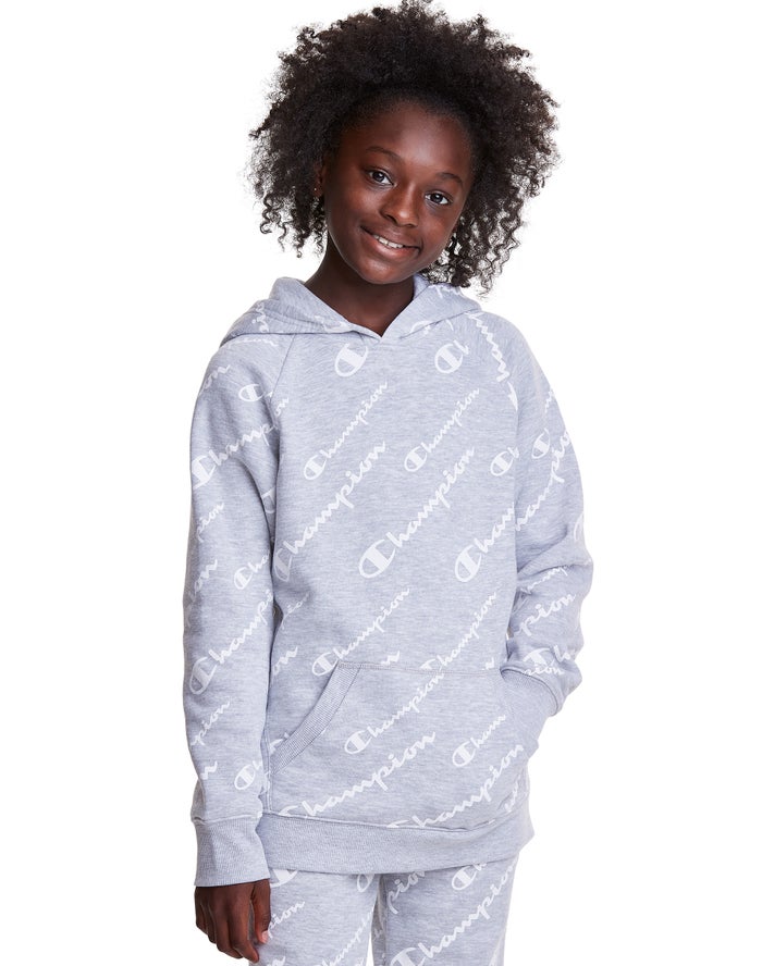 Champion Girls Hoodie NZ - Fleece Raglan Allover Logo Grey ( 4183-EWDKY )